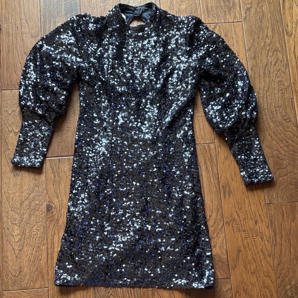 Promod Navy Sequin Dress with Puff Sleeves